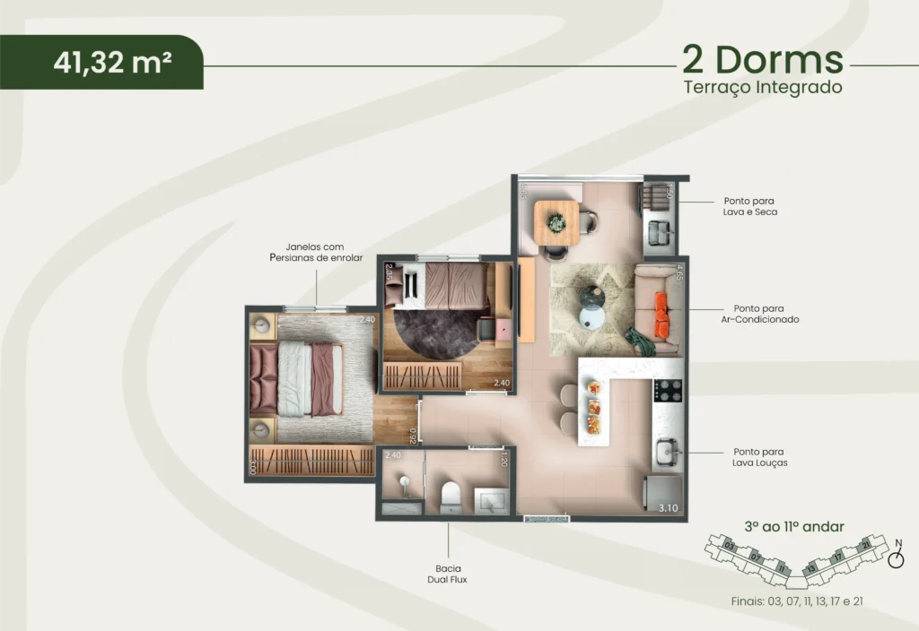 Planta 41,32m² — 2 dormitórios, terraço integrado