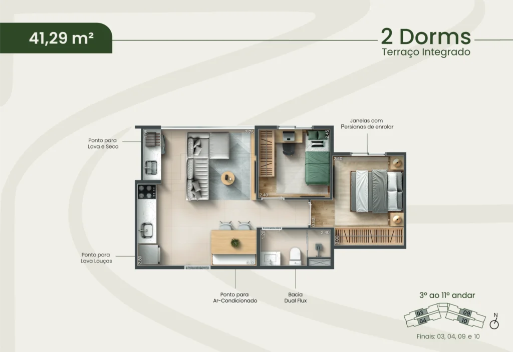 Planta 41,29m² — 2 dormitórios, terraço integrado