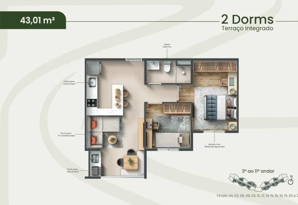 Planta 43,01m² — 2 dormitórios, terraço integrado