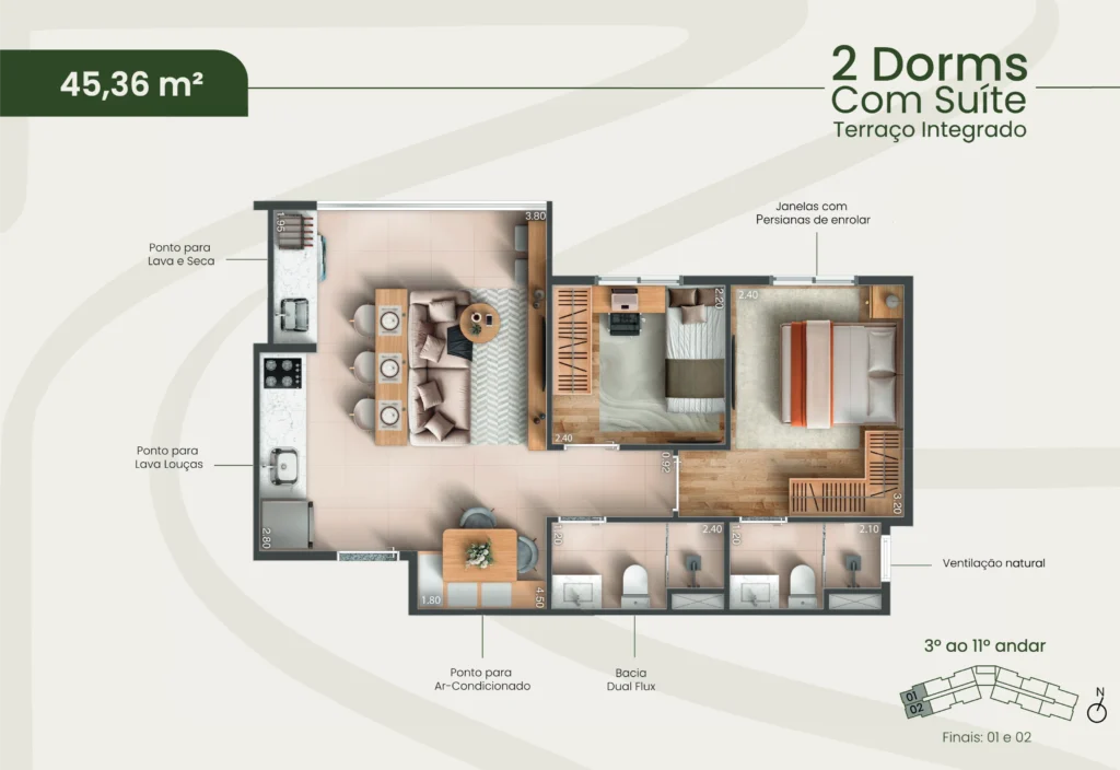 Planta 45,36m² — 2 dormitórios com suíte, terraço integrado